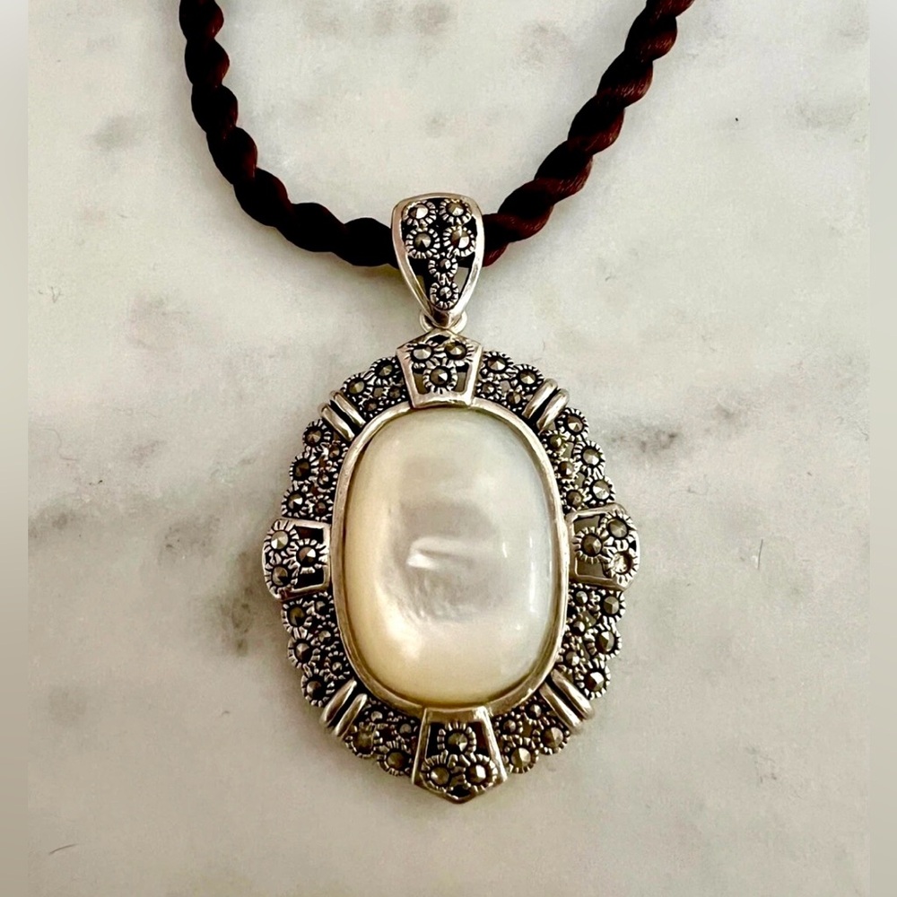 Vintage 925 Sterling Silver MOP Marcasite Statement Pendant 2in